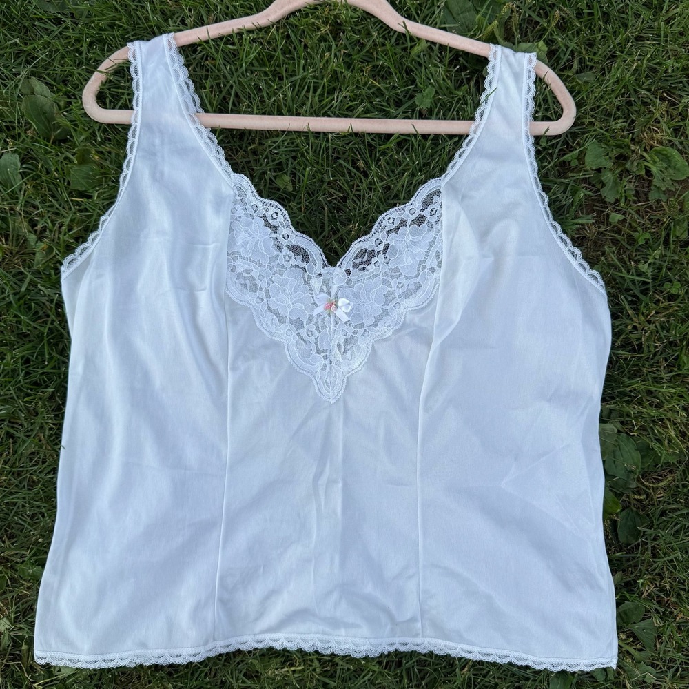 Ashley Taylor Vintage Camisole XL White Lace Trim Floral Rosette Made in USA